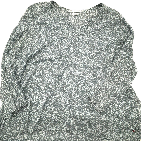 TOMMY HILFIGER |‎ Women's 24 Long Sleeve Blue Floral Peasant Blouse Tunic Sheer - Picture 2 of 9